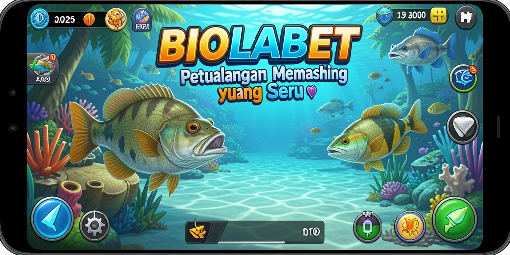 Tampilan gameplay dari BIOLABET dengan berbagai jenis ikan menunggu untuk ditangkap.