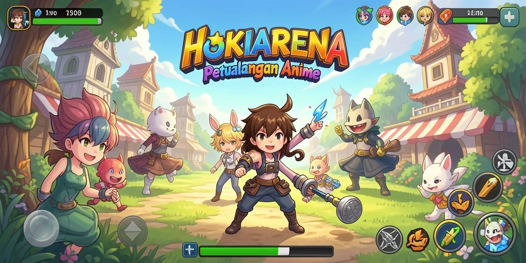 Tampilan gameplay HOKIARENA yang penuh warna dan karakter Anime.
