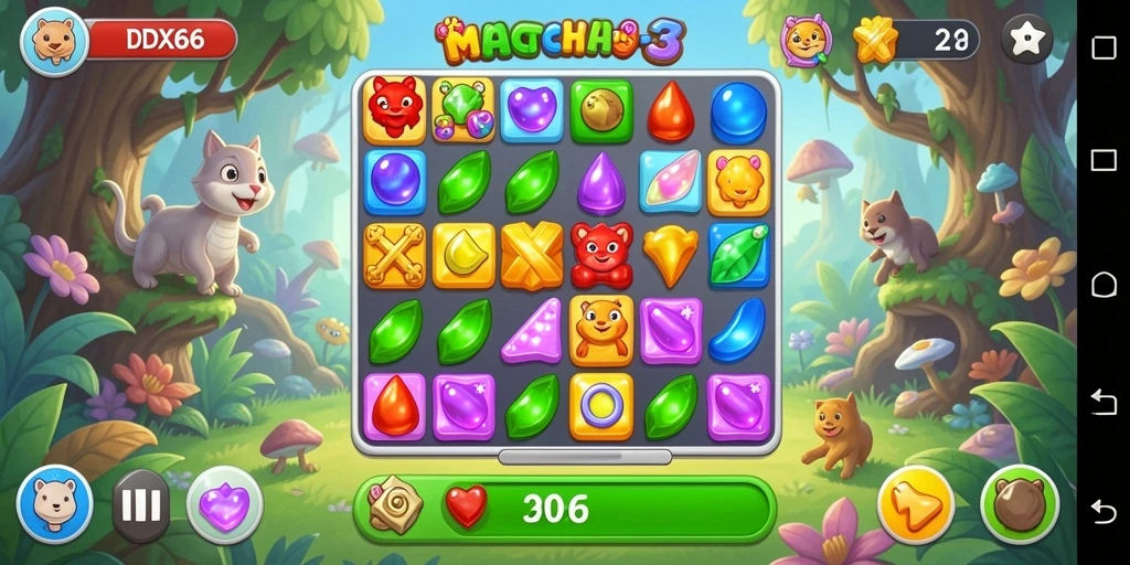 Screenshot IDX66 menunjukkan gameplay Match-3 yang seru dan penuh warna.