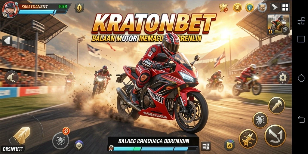 Tampilan balapan mendebarkan di KRATONBET dengan motor cepat.