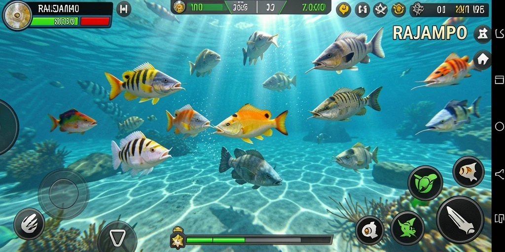 Gameplay seru Tembak Ikan di RAJAMPO yang penuh warna.