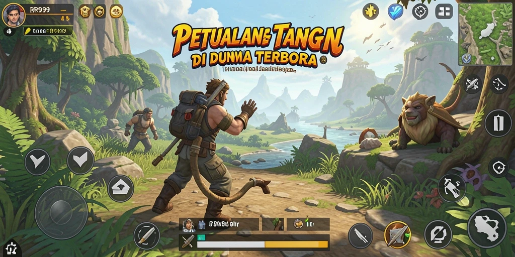 Screenshot menunjukkan pemain menjelajahi hutan lebat di RR999.